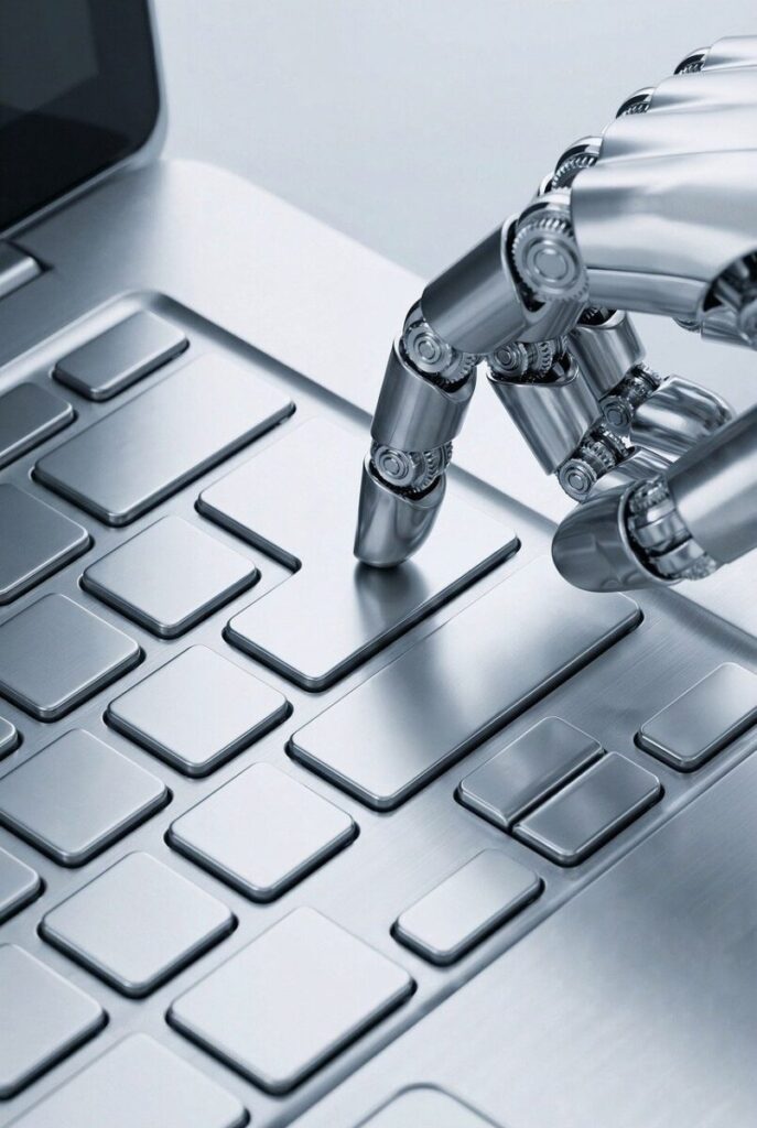 silver, robot, hand, laptop, keyboard, blank, unlabeled, metallic, technology, minimalist, future, automation, clean, precision, digital, innovation, cyborg, machine, smooth, metal, ai generated